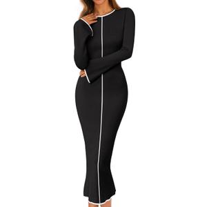 MEROKEETY Women's Fall Long Bell Sleeve Sweater Dress 2025 Elegant Bodycon Color Block Knit Midi Maxi Dresses (Black)
