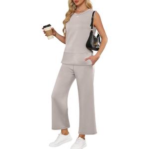 ANRABESS Womens 2 Piece Outfits Summer Beach Vacation Clothes Spring Travel Airport Casual Wide Leg Pants Lounge Sets (Beige, M)