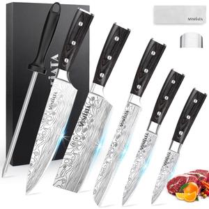 MOSFiATA 5 PCS Chef Knife Set, German High Carbon Stainless Steel Kitchen Knife Set with Sharpener Rod5PCS Blade Guard,Wood Handle Knives Set for Kitchen with Gift Box