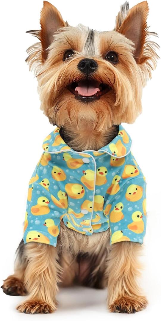 CuteBone Two-Leg Velvet Pet Pajamas Girl Dog Clothes - Soft, Cozy, and Stretchy Boy Pjs for Small, Medium Dogs and Cats Winter Sleepwear Apparel LTP10S (Yellow ducks) Small