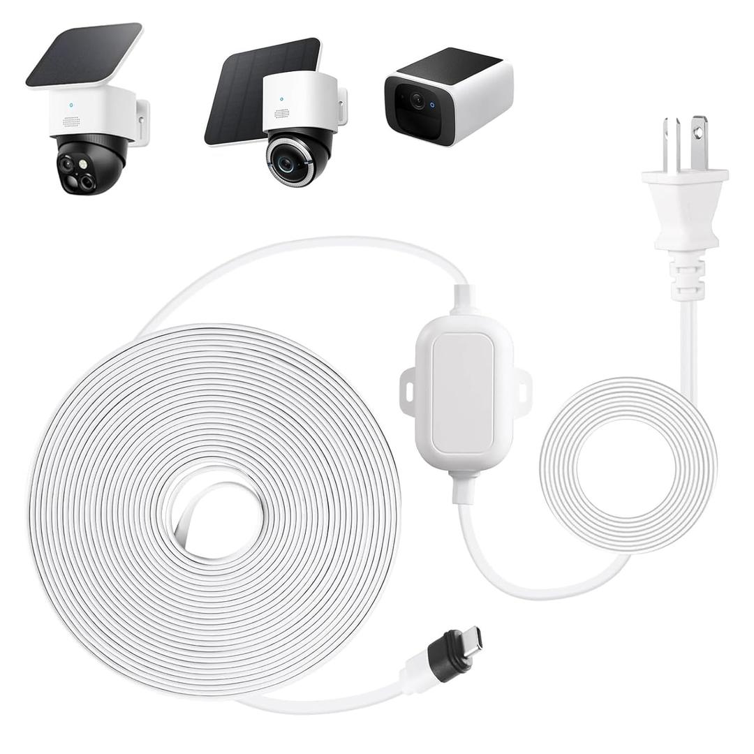 30FT Power Adapter Designed for eufy Security SoloCam S220/S340/S4/E30/E42, eufyCam S330/S3 Pro and eufy Security Indoor Cam S350/E30, Charger and Extension Cable Provide Continuous Charging - White