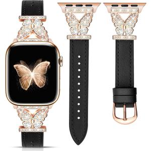 JR.DM Leather Watch Bands for Women Compatible with Apple Watch 46/49/45/44/42mm(series 1/2/3) Rose Gold Bling Butterfly Connector Slim Leather Strap for iWatch Series 