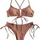 ZAFUL Women's High Cut Bikini Sets Ribbed V-Wire Cami Bikini Two Piece Swimsuit (Brown, XL)