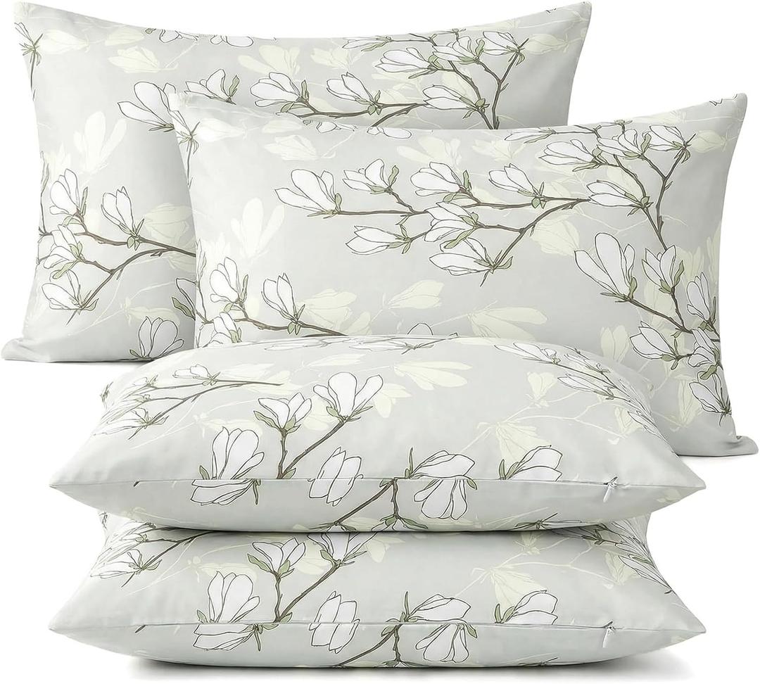 Floral Pillow Cases Queen Size Set of 4, Ultra Soft Double Brushed Microfiber Pillowcases with Zipper, Shrinkage and Fade Resistant, 20"x30"