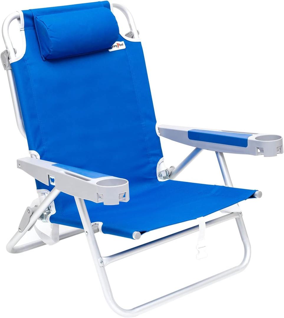 SUNNYFEEL Extra Wide 28" Low Beach Chair 5 Position Lay Flat, XL Oversized Portable Folding Camping Chairs with Cup Holder for Outdoor/Trip, Lightweight Foldable Backpack Beach Chair for Adults (Navy Blue)
