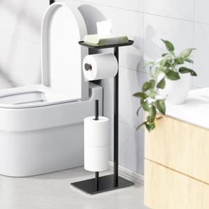 Toilet Paper Holder Stand with Top Storage Shelf, Free Standing Toilet Roll Dispenser for Bathroom, Holds 4 Reserve Rolls (Matte Black)