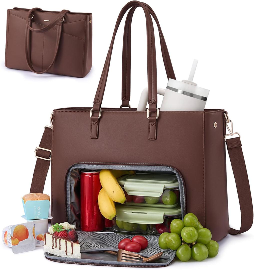 LOVEVOOK Lunch Tote Bag for Women, 3 in 1 Work Bag with Leakproof Cooler Compartment, Laptop Bag with Large Cup Holder for Office, College, Casual, Cinnamon