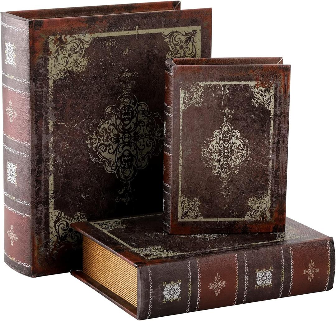 Tosnail 3 Pack Decorative Book Boxes with Magnetic Cover, Wooden Antique Book Decorations Vintage Storage Box - Retro Floral Pattern