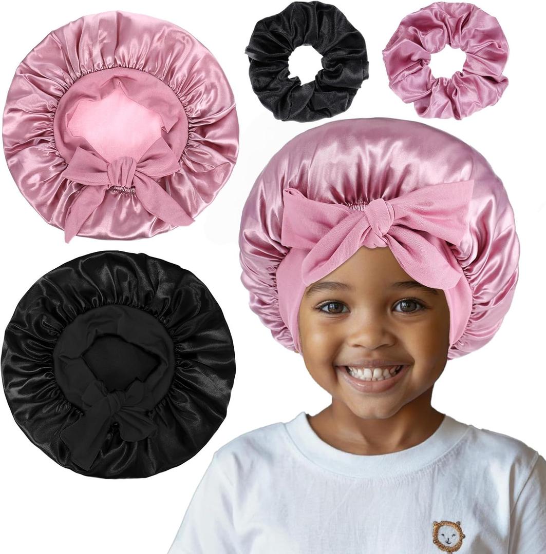 2 Pcs Bonnet for Kids, Satin Bonnets with Scrunchies, Black and Rose Red Satin Silk Hair Bonnet for Sleeping Soft Wide Band Sleep Cap for Curly Hair Braids for Kids