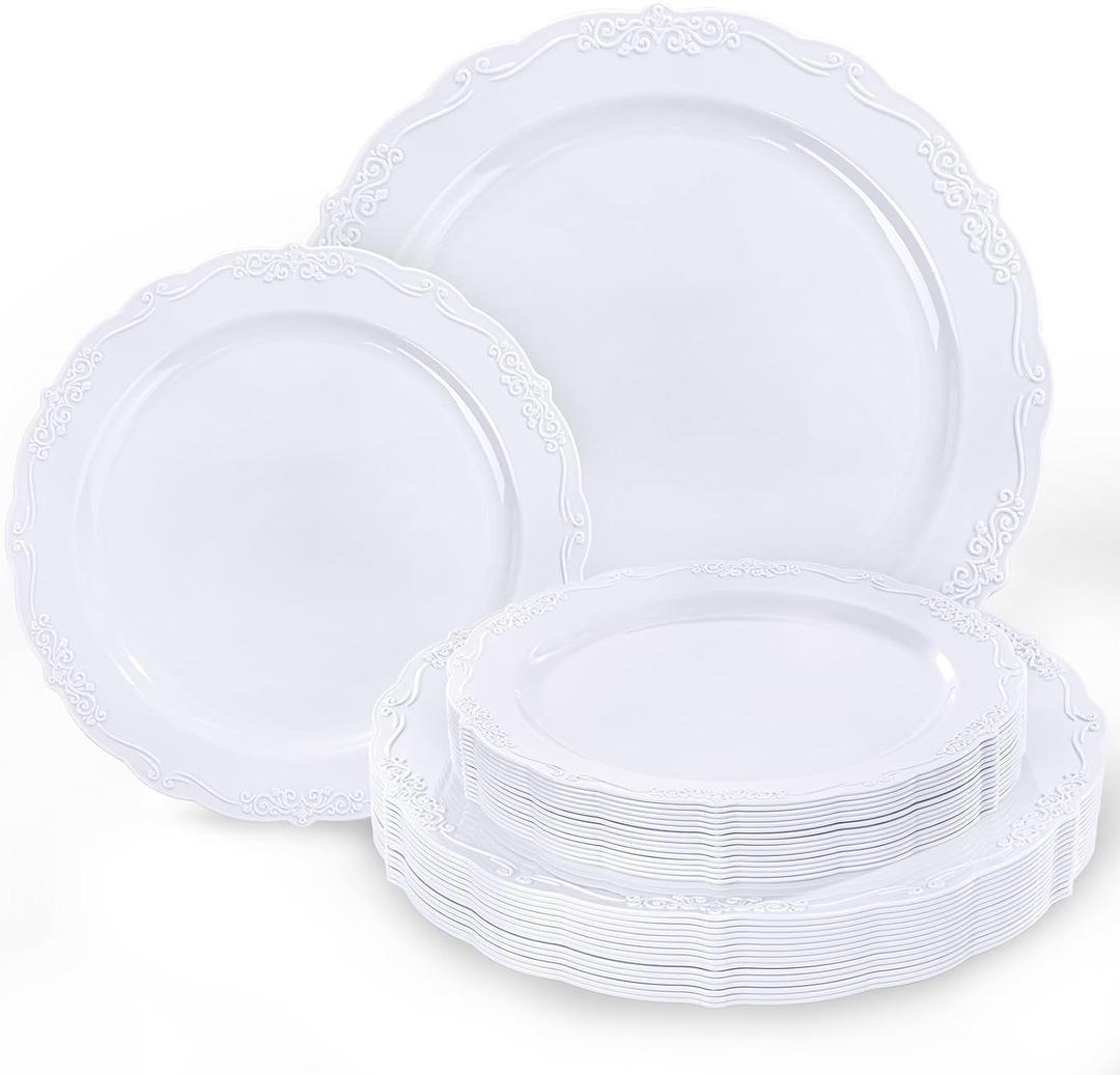 Tinybee 60PCS White Plastic Plates - Heavy Duty White Disposable Plates, Elegant Plastic Plates for Bridal Shower, Wedding and Party Including 30 Dinner Plates 10 '' & 30 Dessert Plates 7.5 ''