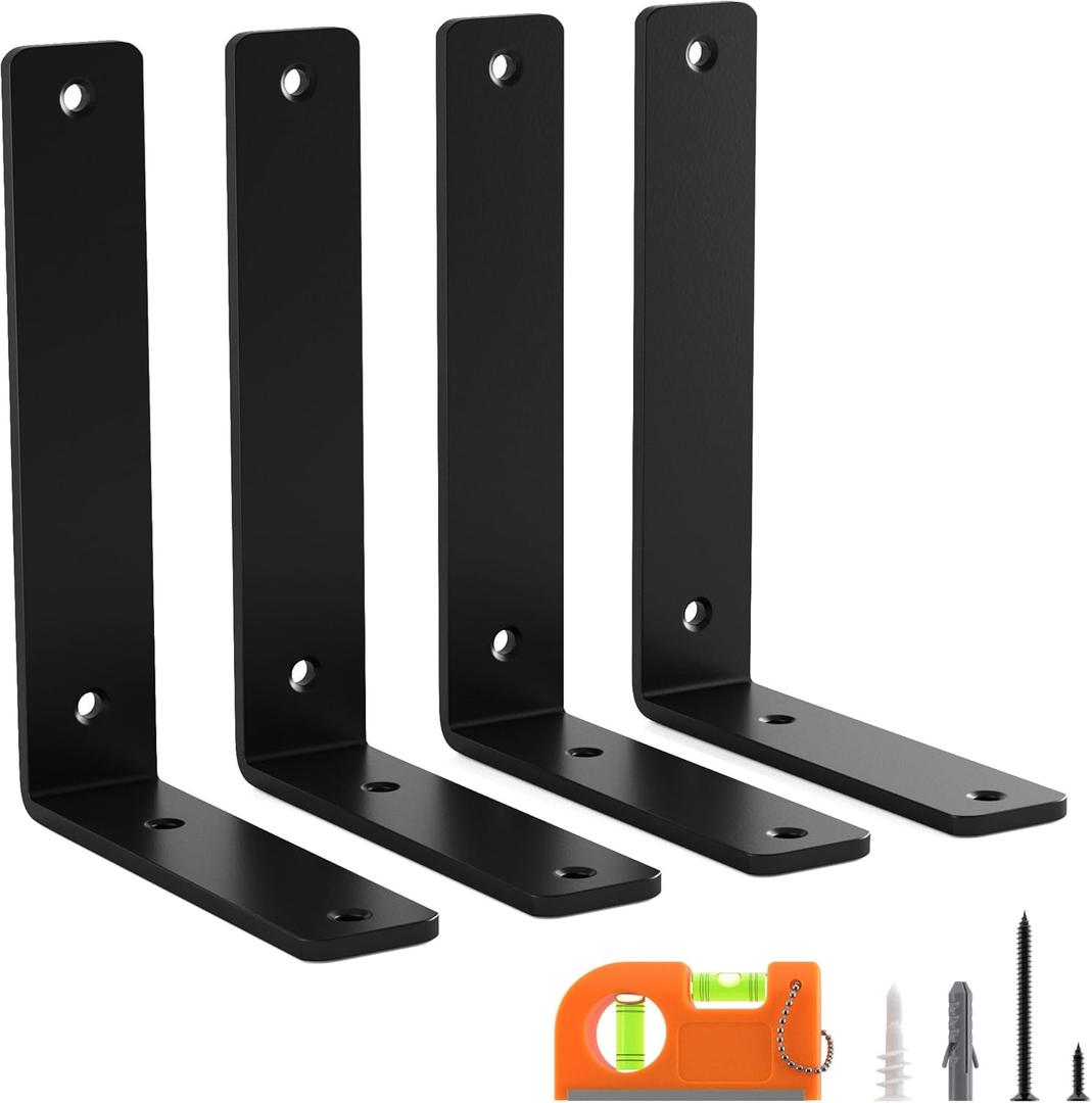 4 Pack 12 Inch Floating L Shelf Brackets for DIY,1/5 Inch Thick Heavy Duty Metal Shelf Bracket for Wall,Premium Black Powder Coated Steel