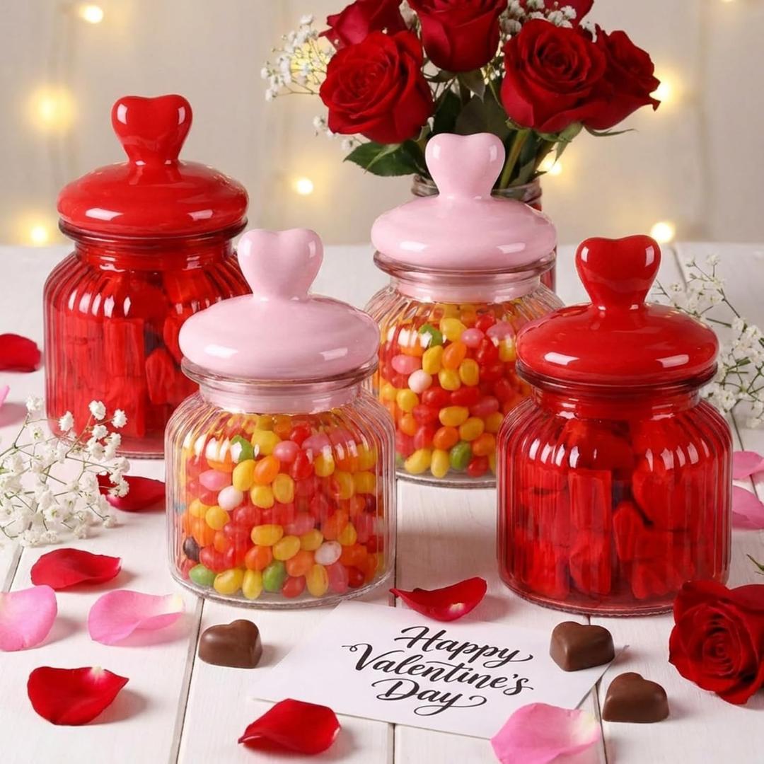 4 Pcs 22oz Valentine's Candy Cookie Jars with Heart Lids Pink Red Glass Food Storage Containers Galentine's Day 6.3" x 3.94" Airtight Storage Container Jars for Kitchen Dining Room Decoration