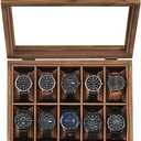 SONGMICS Watch Box, 10-Slot Solid Wood Watch Case Organizer with Glass Lid, Display Case with Removable Pillows, Gift for Loved Ones, Rustic Walnut UJOW100K01