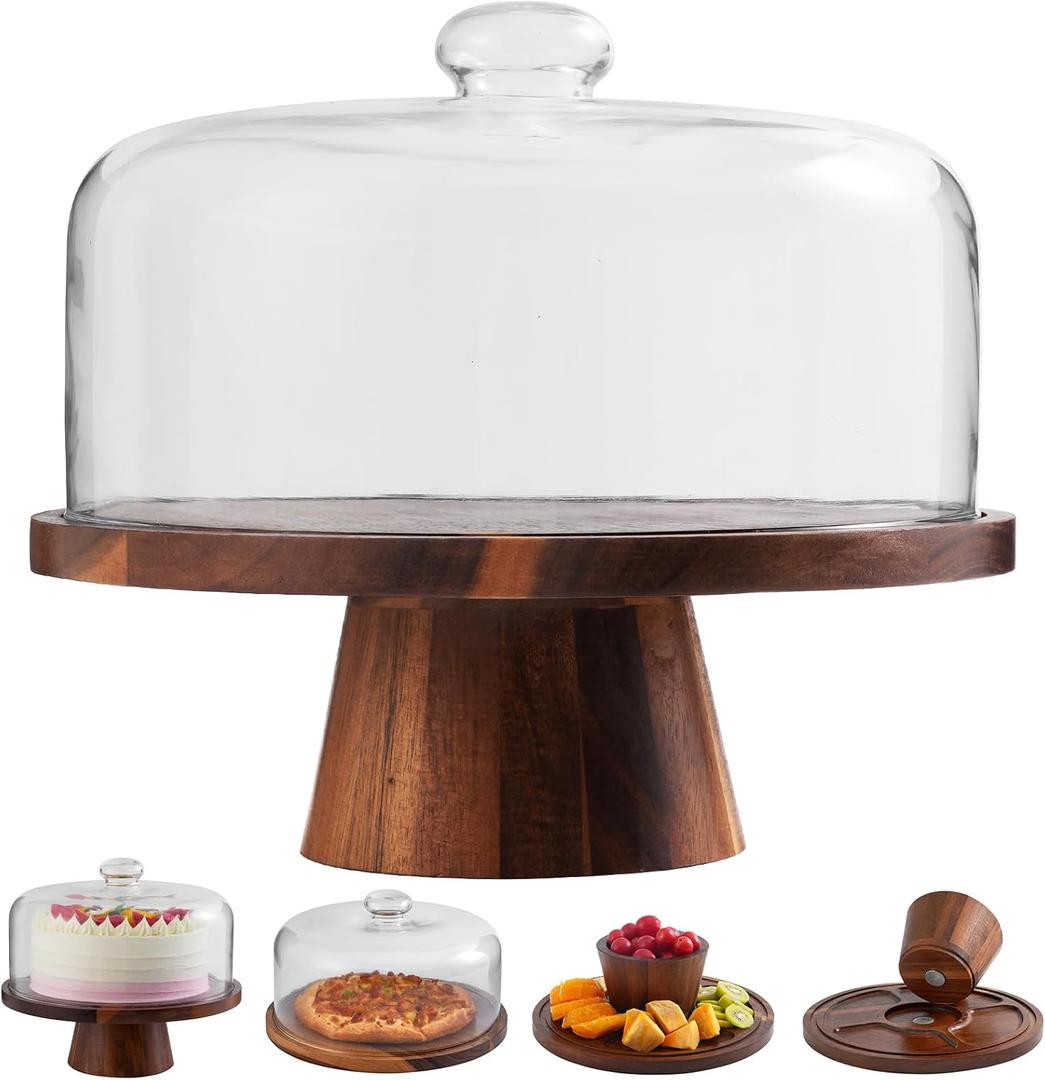 Acacia Wood Cake Stand with Glass Lid 12" Magnetic Base, Detachable Serving Tray for Cake, Cheese, Charcuterie, Snacks & Desserts Wooden Cake Holder for Parties & Kitchen Display