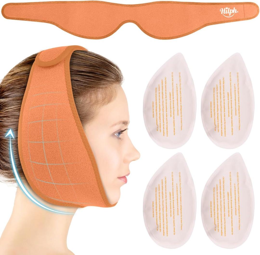 Hilph Face Ice Pack Wisdom Teeth Ice Pack Head Wrap with Washable Jaw Wrap and 4 Replacement Hot Cold Pack for Facial Oral Surgery, TMJ, Tooth Extraction, Dental Surgery, Tonsillectomy Recovery Orange