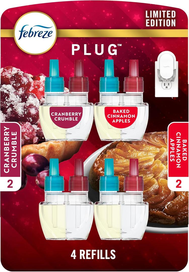 Febreze Odor-Fighting Fade Defy PLUG Air Freshener Baked Cinnamon Apple, Cranberry Crumble, .87 fl. oz. Oil Refill, 2 of Each