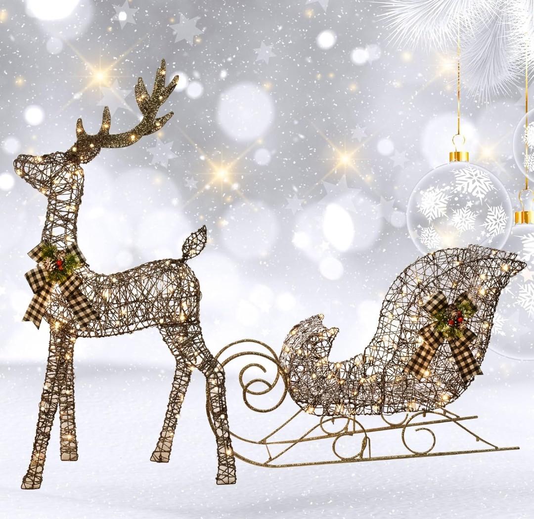 Lighted Christmas Decorations Reindeer & Sleigh 2 Pcs, HOYECHI Light up Christmas Decor Deer Set for Indoor Home Outdoor Front Yard Porch with LED Lights, Plug, Ground Stakes - White