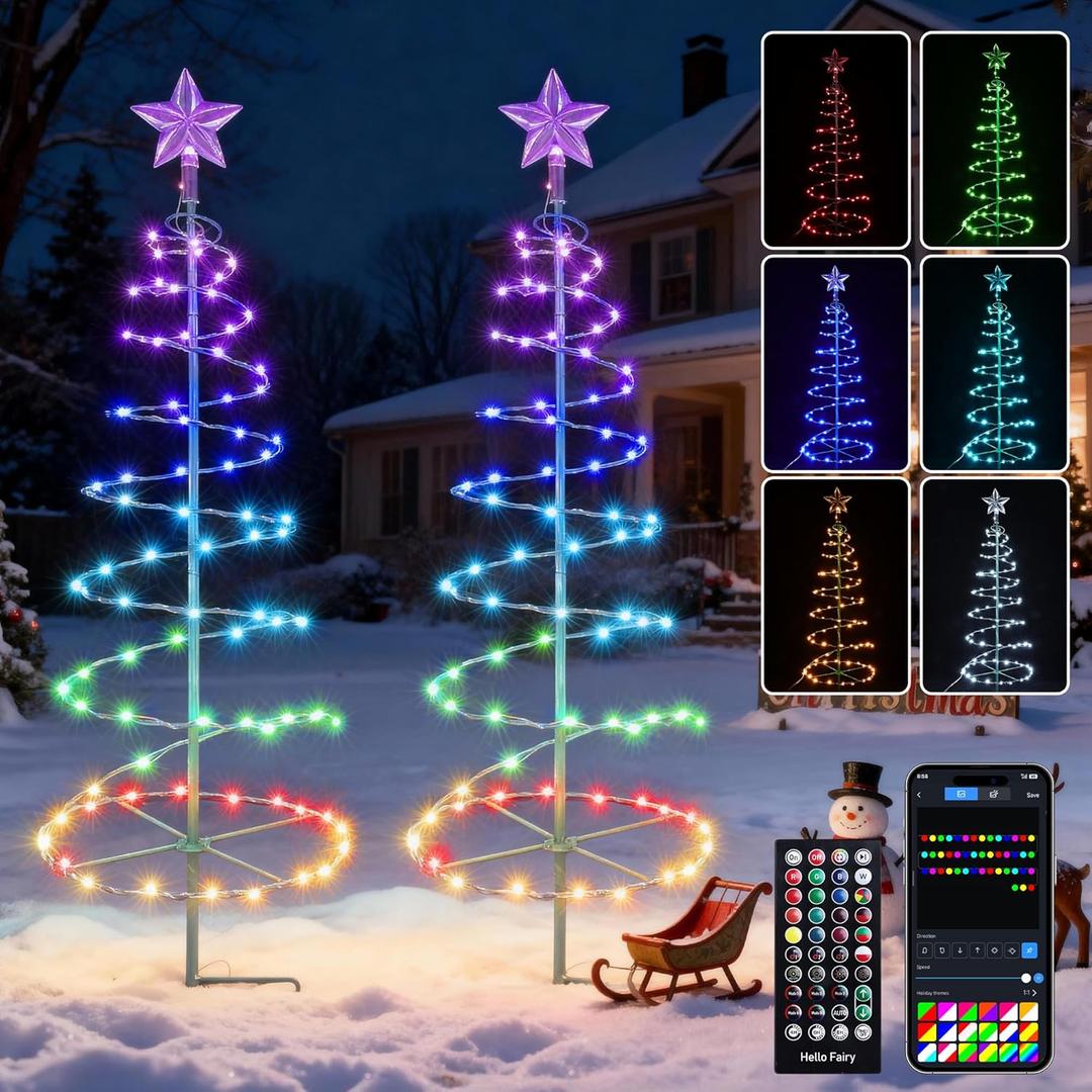 Smart Outdoor Christmas Pathway Lights, RGB Spiral Xmas Trees with App Control, 2-Pack