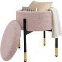 Round Ottoman with Storage, Soft Velvet Vanity Stool, Ottoman Coffee Table with Metal Legs, Foot Stool for Living Room Bedroom, Pink