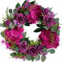 Artificial Purple Rose Wreaths 20 inches Front Door Wreath with Hydrangea Green Leaves Artificial Spring Wreaths Valentines Mother's Day Wreath for Wall Wedding Party Home Decor (Purple)