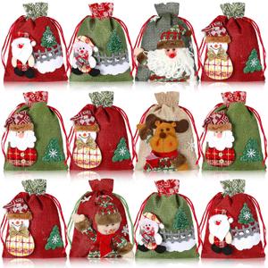 Abbylike 12 Pcs Christmas Gift Doll Bags, Drawstring Christmas Bags Bulk 3D Santa Claus Snowman Elk Reusable Xmas Burlap Sacks for Holiday Presents Wrapping, 8 x 11 In, 8.5 x 12 in