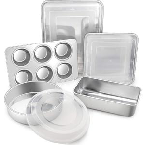 TeamFar Stainless Steel Bakeware Set of 8, Baking Roasting Pan Set with Lid, Lasagna Pan with lid, Square & Round Cake Pan, Loaf Pan & Muffin Pan, Healthy & Sturdy, Dishwasher Safe & Smooth