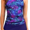 Daci Womens Tankini Swimsuits with Skirt - Two Piece Tummy Control Bathing Suits High Neck Swimwear (XX-Large, Blue Purple Leaves)