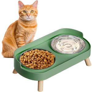 Elevated Cat Bowl, Raised Cat Food and Water Bowl Set for Indoor Cats, Splash Proof with 2 Stainless Steel Pet Food Bowls for Cats and Puppies, Whisker Fatigue and Dishwasher Safe - Green