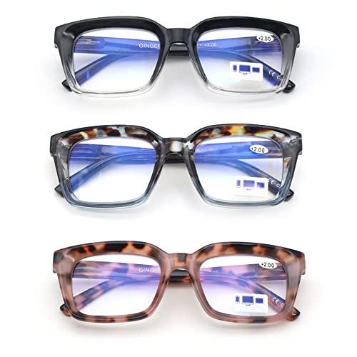 3 pack Oprah style Spring hinge Readers Blue Light Blocking Computer Square Reading Glasses for Women Men +3.5