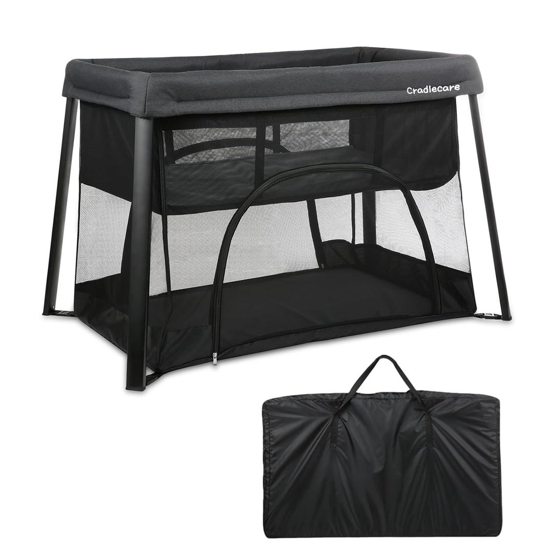 Pack and Play with Bassinet & Mattress, Lightweight Portable Baby Bed, Foldable Travel Bassinet Playard with Storage Bag, Easy Setup Playpen for Babies & Toddlers (Black)