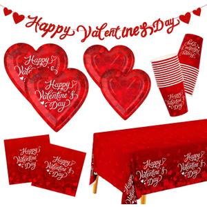Valentine's Day Party Supplies for 25 Guests - Romantic Heart-Shaped Disposable Plates, Love-Themed Tablecloth, Napkins, Cups, and Banner - Valentines Party Decorations