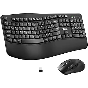 Wireless Keyboard and Mouse Combo, 2.4G Full Size Wave Keys Ergonomic Keyboard with Wrist Rest and 3Level DPI Adjustable Wireless Ergonomic Mouse for Windows, Mac OS Desktop/Laptop/PC(Black)