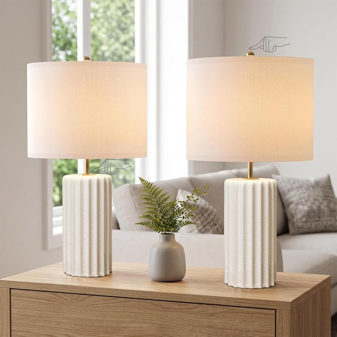21" Modern Ceramic Table Lamp Set of 2 for Bedroom, Touch Control White Desk Lamps for Living Room, Farmhouse Bedside Lamps for Nightstand, End Table Lamps for Dorm Beige, Bulbs Not Included