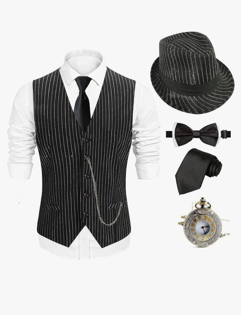 EFORLED 1920s Mens Costume Fedora Hat,Gatsby Gangster Vest,Vintage Pocket Watch,Pre Tied Bow Tie,Tie, Cigar XL