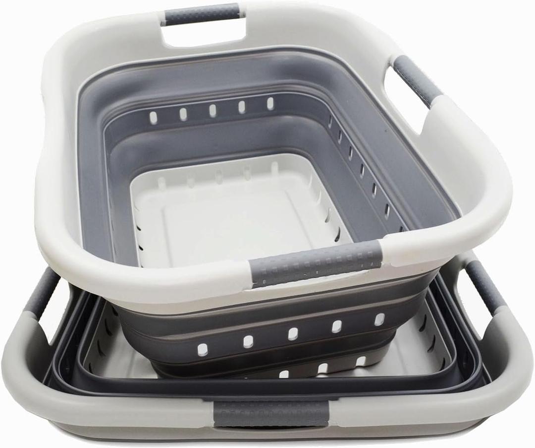 SAMMART 41L (10.8 gallon) Set of 2 Collapsible 3 Handled Plastic Laundry Basket-Foldable Pop Up Storage Container/Organizer-Space Saving Hamper/Basket (2, Grey/Dark Grey)