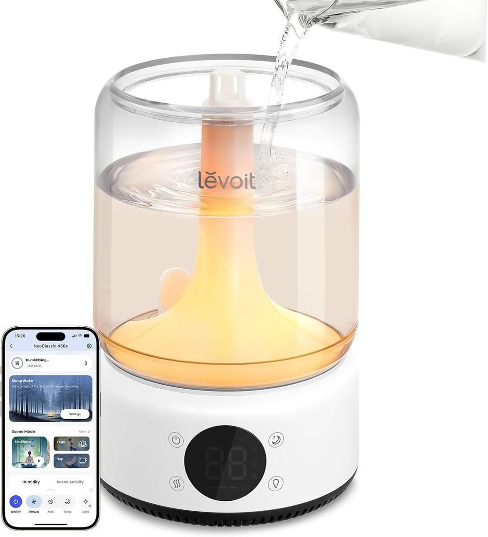 LEVOIT Smart Humidifiers for Bedroom, 4.2L Top Fill for Large Room with 42H Runtime, Dishwasher Safe Easy to Clean, 21dB Cool Mist for Baby, Plants, APP/Voice Control, Scene Mode With Light & Music
