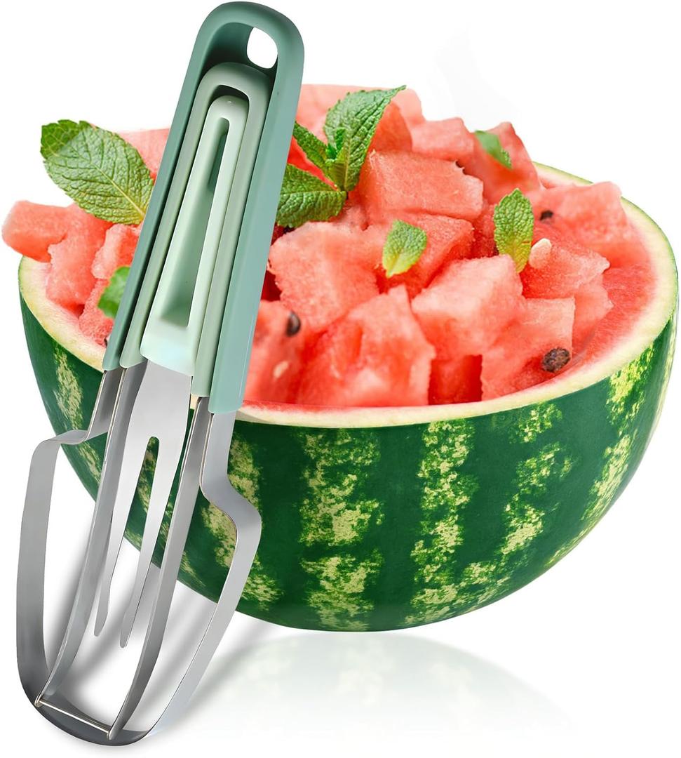 Watermelon Cutter, DKYEUD 3 In 1 Upgraded Stainless Steel Summer Watermelon Cutting Tool Fork Slicer Knife Set for HomeWatermelon Fork Slicer Windmill Cutter Green, 1pc