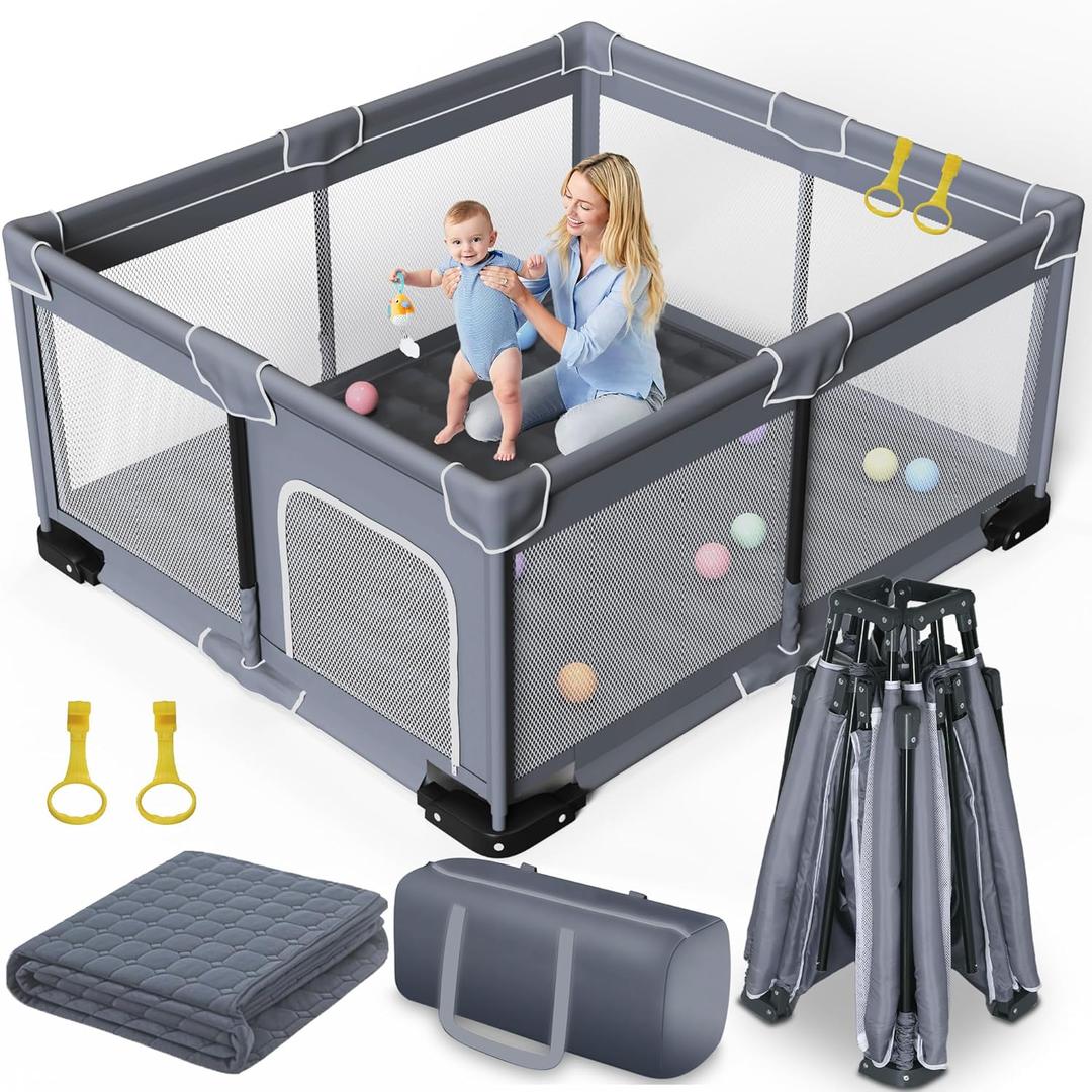 Foldable Baby Playpen with Mat, Extra Large Playpen for Babies and Toddlers with Gate, Portable Baby Yard, Indoor & Outdoor Play Area 71"x59"