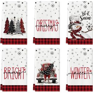 Artoid Mode Red Buffalo Plaid Xmas Trees Snowman Truck Merry Christmas Kitchen Towels Dish Towels, 18x26 Inch Farmhouse Decoration Hand Towels Set of 6