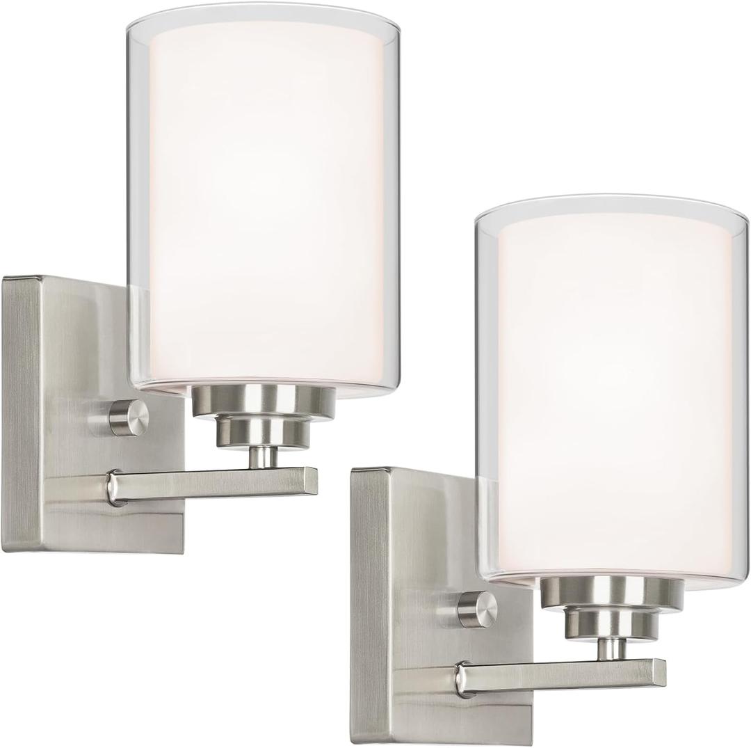 Set of 2 Wall Sconces for Bathroom, Modern Vanity Light Fixtures, Nickle Wall Mount Lighting Lanterns, Farmhouse Wall Lights with Double Clear Glass Shade for Bedroom Living Room Mirror Hallway