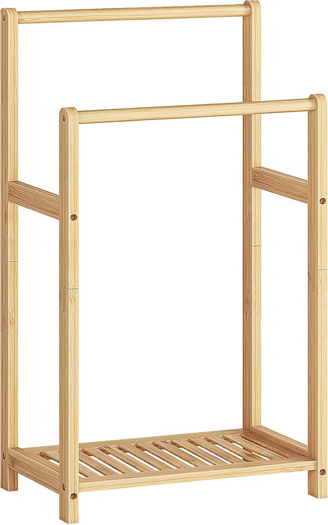 HOOBRO Freestanding Towel Rack for Bathroom, 2 Tier Decorative Bamboo Blanket Rack, Quilt Display Stand with Storage Shelf, 16.5" L x 9.4" W x 30.5" H, Bedroom, Living Room, Natural Color YL02LB01
