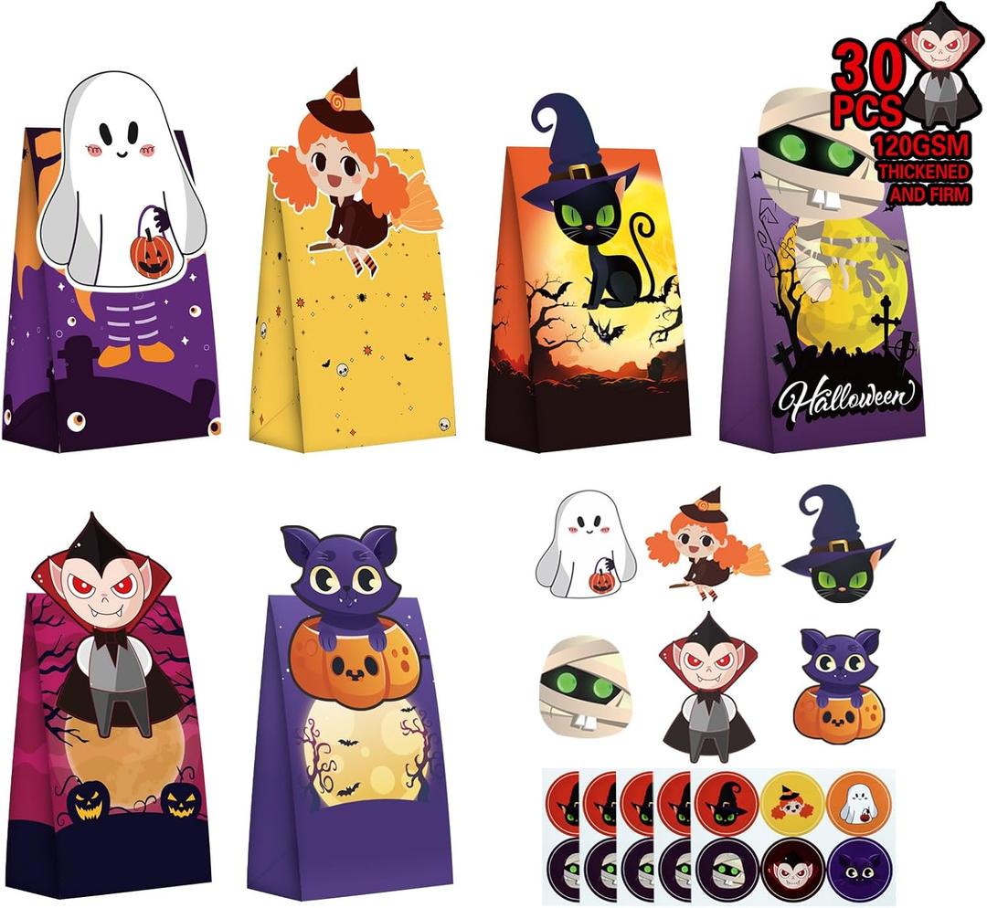 Heitu 30Pcs Halloween Treat Bags - Trick or Treat Goody Gags, 30 Stickers, Party Supplies