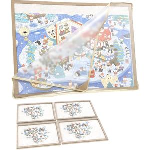 1000 Pieces Puzzle Board with 4 Sorting Trays & Protective Cover, 31.5" x 23.6"Portable Foldable Felt Puzzle Playing Surface - Lightweight Storage & Game Night Organizer
