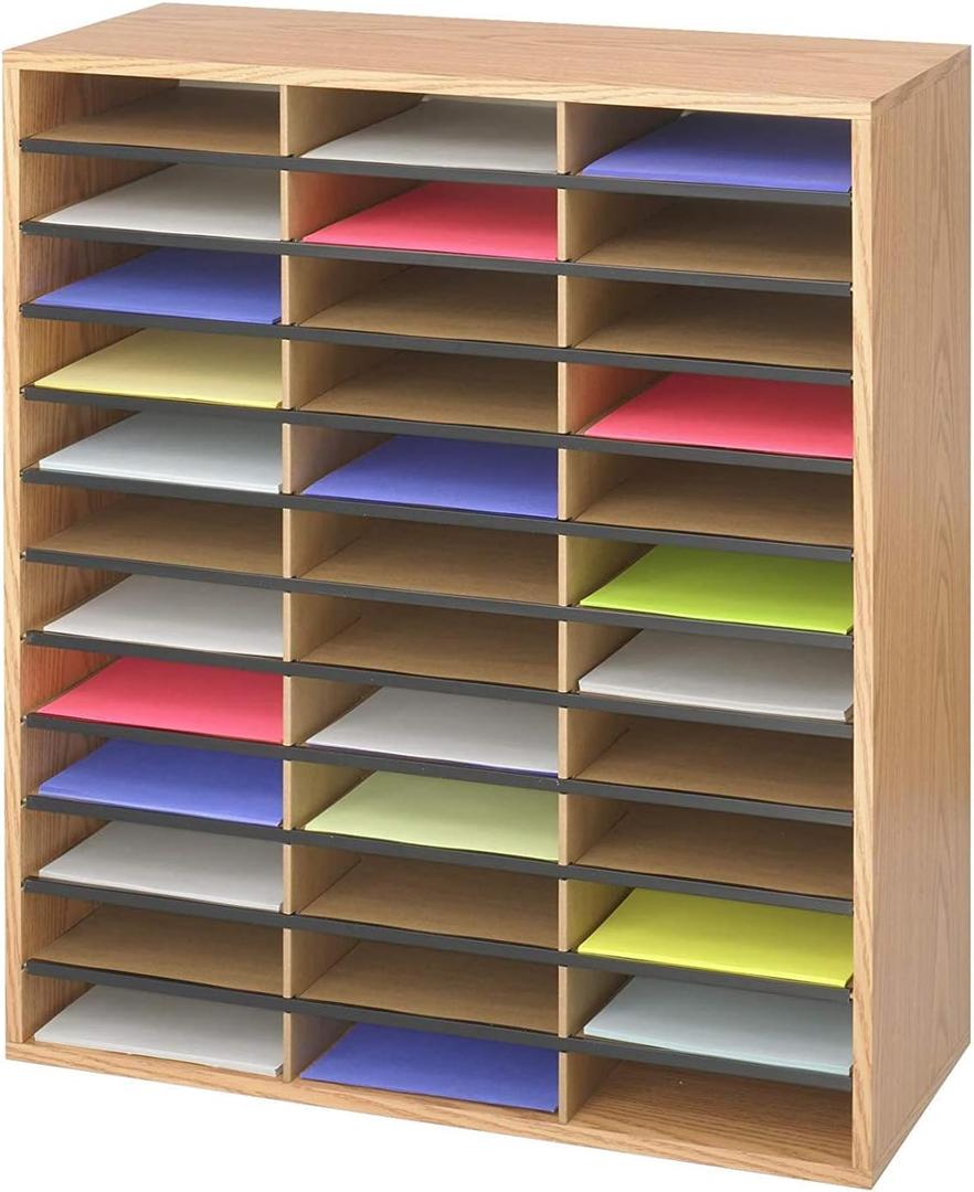 Safco Literature Organizer, 36 Compartments, Office and Classroom Mailbox with Adjustable Shelves, Wood Paper and Mail Sorter, Medium Oak, 34.5" x 29" x 12"