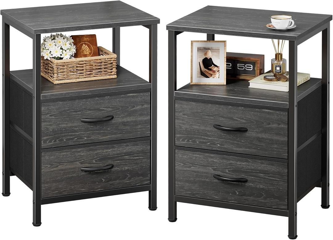 Huuger Night Stand Set of 2, Nightstand with 2 Drawers, Bed Side Table with Open Shelf, Wooden Top, End Table, Fabric Drawer with Charcoal Black Wood Grain Print, for Bedroom