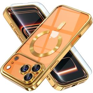 Misea Magnetic for iPhone 17 Pro Max Case Compatible with MagSafe [Never Yellowing] [Military Grade Drop Protection] Full Camera Lens Protector Plating Soft Clear Phone Case for Women, Gold