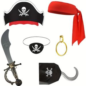 6 Pcs Pirate Accessories Kit for Men with Hat, Bandana & Pirate Eye Patch Captain Hook for Adult Halloween Party Supplies