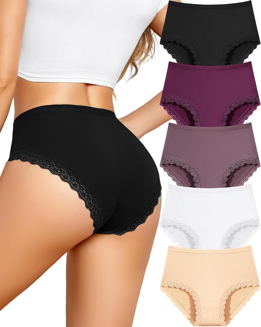 UNDER THE SEA Cotton Underwear for Women Sexy Lace Bikini Panties High Waisted Plus Size Women's Cheeky Panty 5 Pack S-XXL (Black*1, Red*1 Khaki*1 White*1 Apricot*1)