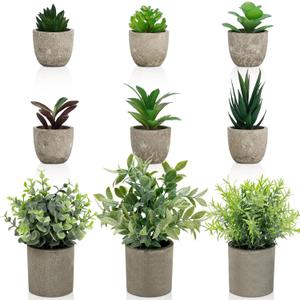 Artificial Potted Plants Faux Greenery in Cement Pots for Shelf, Bookshelf, Office or Home Decor, Small Decorative Fake Plants for Modern Indoor Display (9, XXXL)