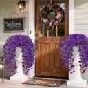 Artificial Hanging Flowers for Outdoors, 4 PCS 600 Blooms UV Resistant Morning Glory Faux Silk Vines, No-Odor Realistic Fake Plants for Garden Planter Porch Patio Decoration, Purple